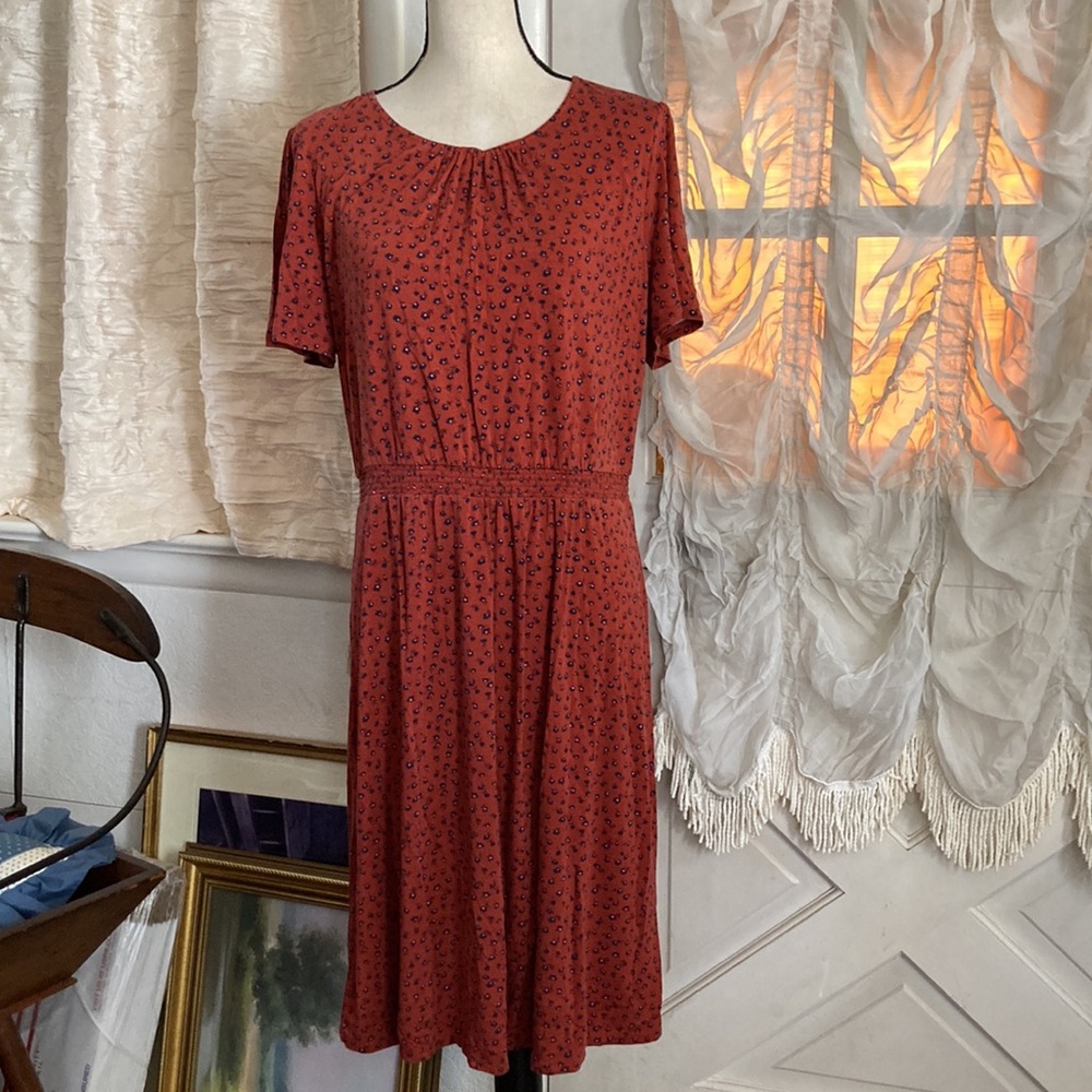 Boden Dress Size 12 Elastic Waist Bohemian Red Blue Pink Floral Soft Comfy